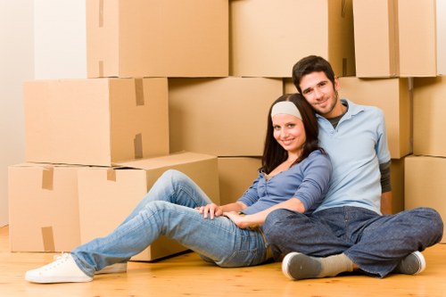 Packed office furniture and boxes ready for transport