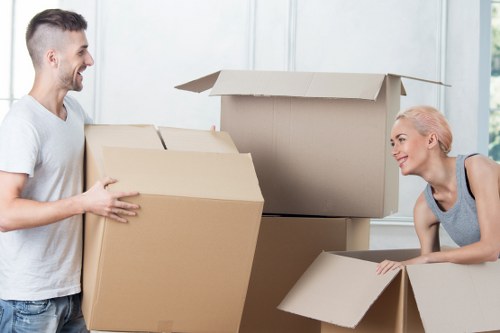 Packed boxes and furniture arranged for waste removal or transport